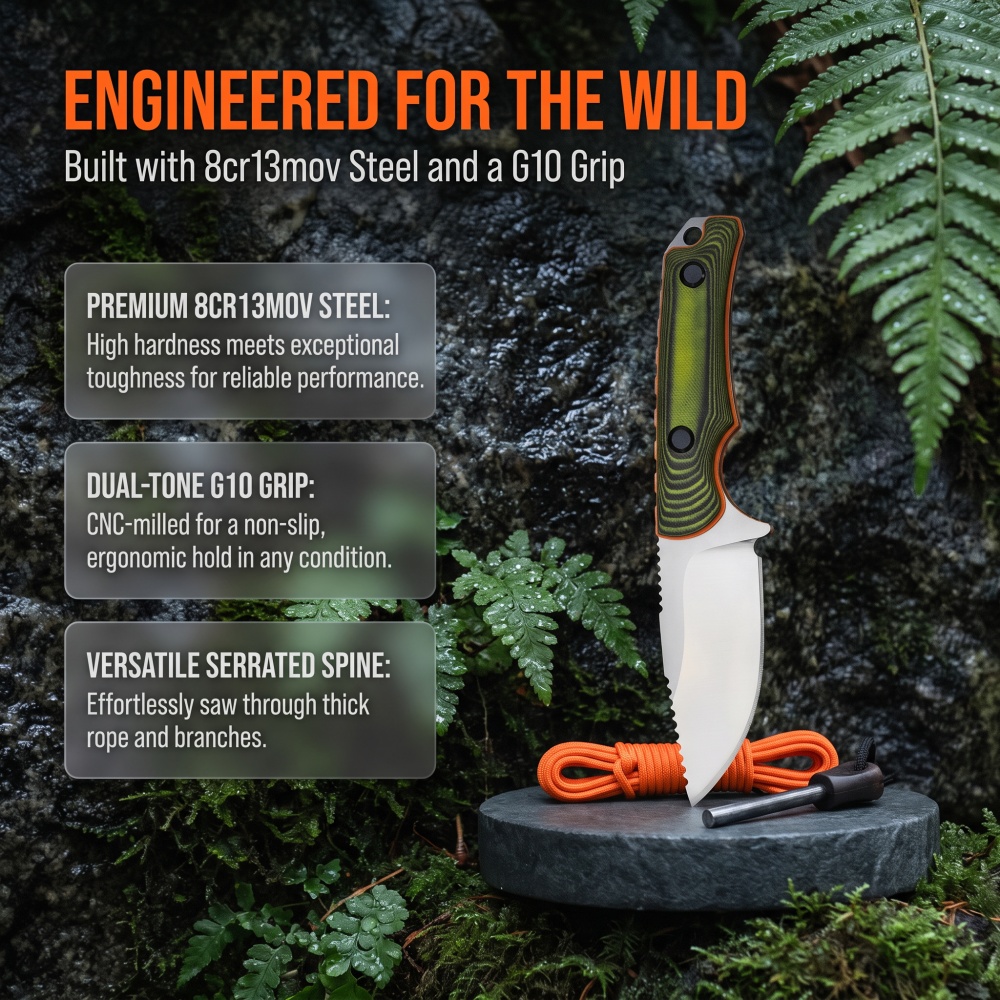 Bushcraft Knife Fixed - سكين متعدد الاستخدامات 15017 للتنزه والرحلات،